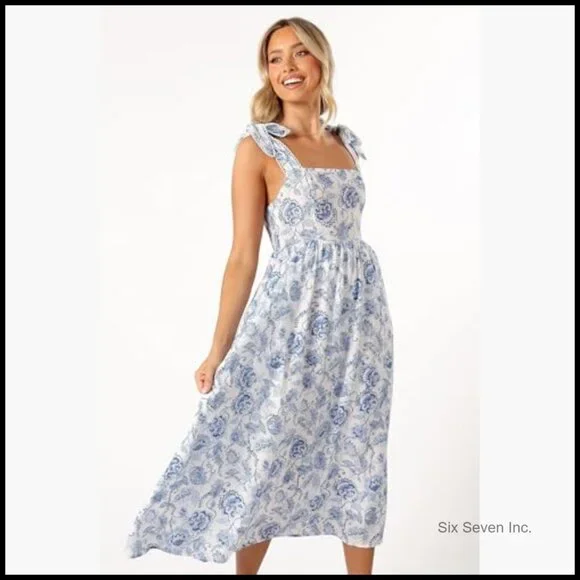 Midi Dress with Adjustable Tie Shoulder Straps and Side Pockets